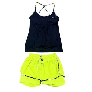 ELEVEN By Venus Williams Athletic Tank Top Shorts Set Neon Yellow Black Floral S